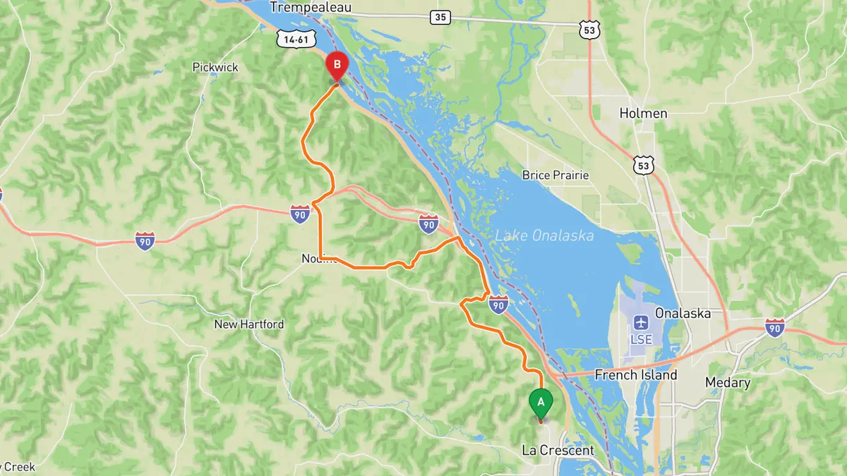 Map of Apple Blossom Drive Scenic Byway from La Crescent, MN to US 61 north of Donehower