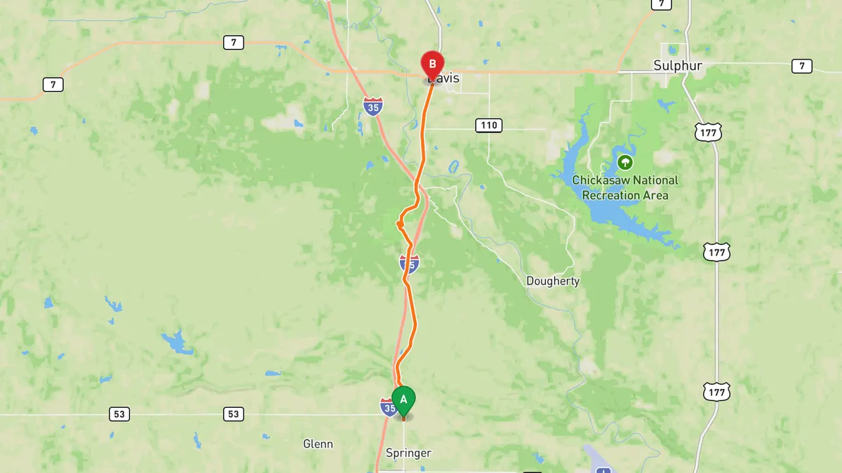 Map of US 77 through the Arbuckle Mountains from US 77 north of Springer, OK to Davis, OK