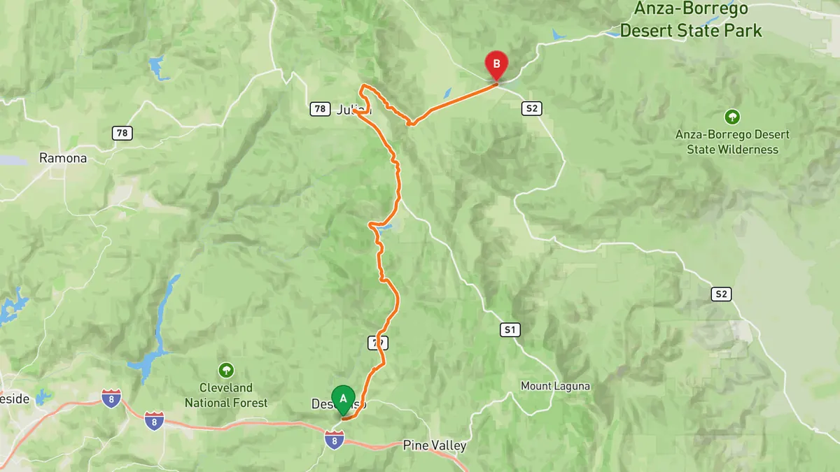 Map of Julian and Banner Grade (SR 79 and SR 78) from Descanso Junction (I-8) to Scissors Crossing (SR 78 at CR S2)
