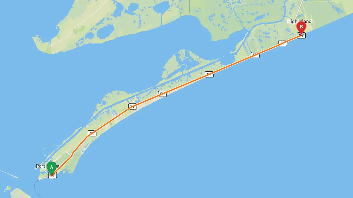 Map of TX 87 on the Bolivar Peninsula from Port Bolivar, TX (ferry landing) to High Island, TX