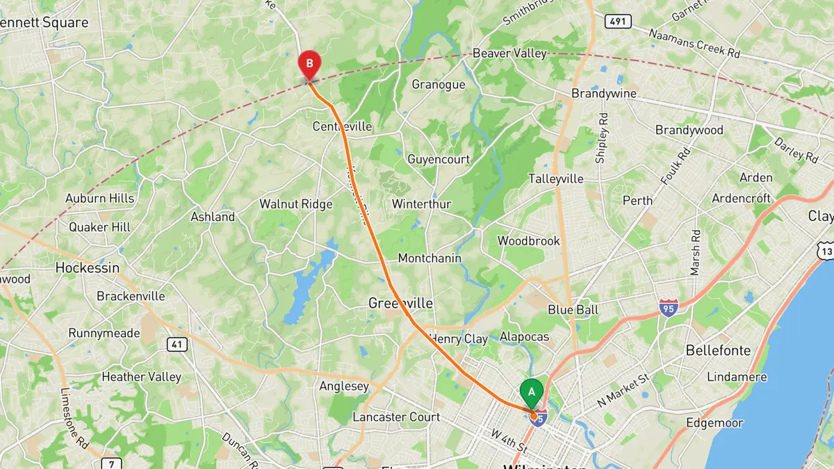 Map of Brandywine Valley Scenic Byway (Kennett Pike, DE 52) from Wilmington (Pennsylvania Avenue, DE 52) to Pennsylvania line north of Centreville