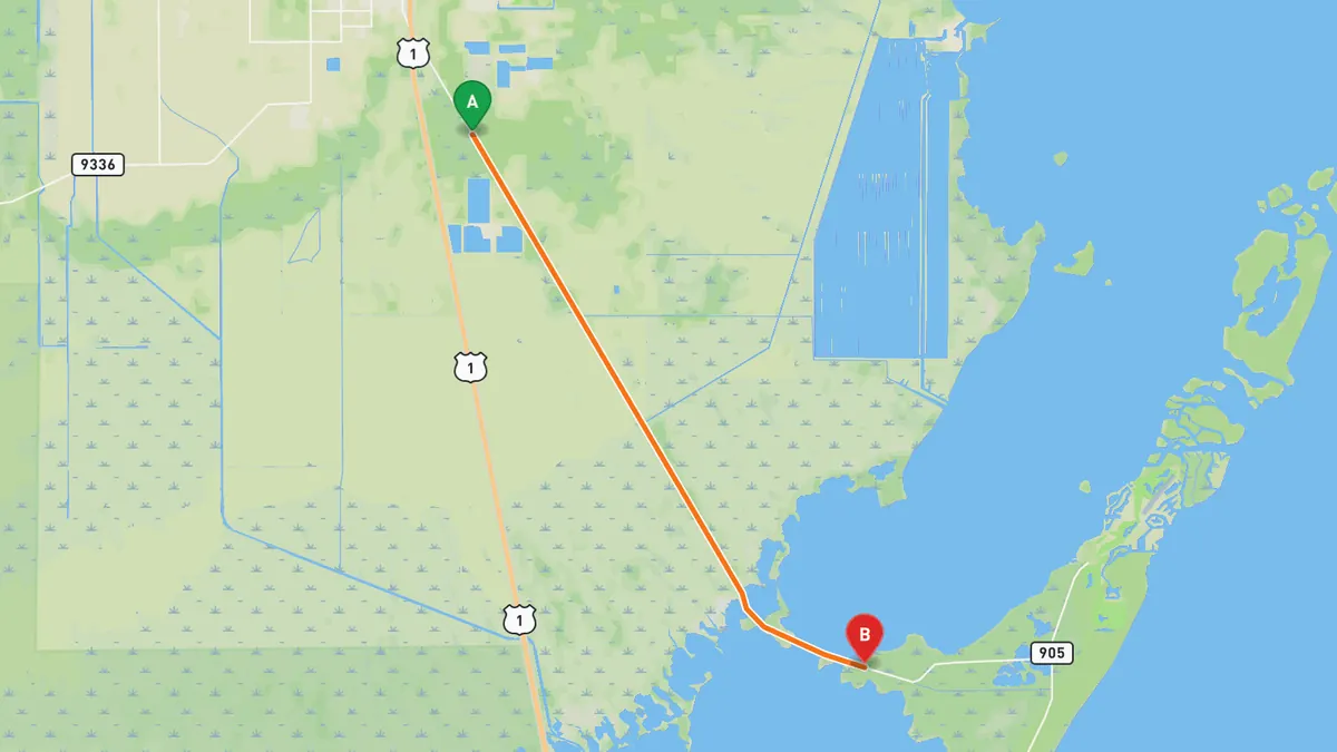 Map of Card Sound Road (CR 905A) from US 1 south of Florida City to CR 905, North Key Largo