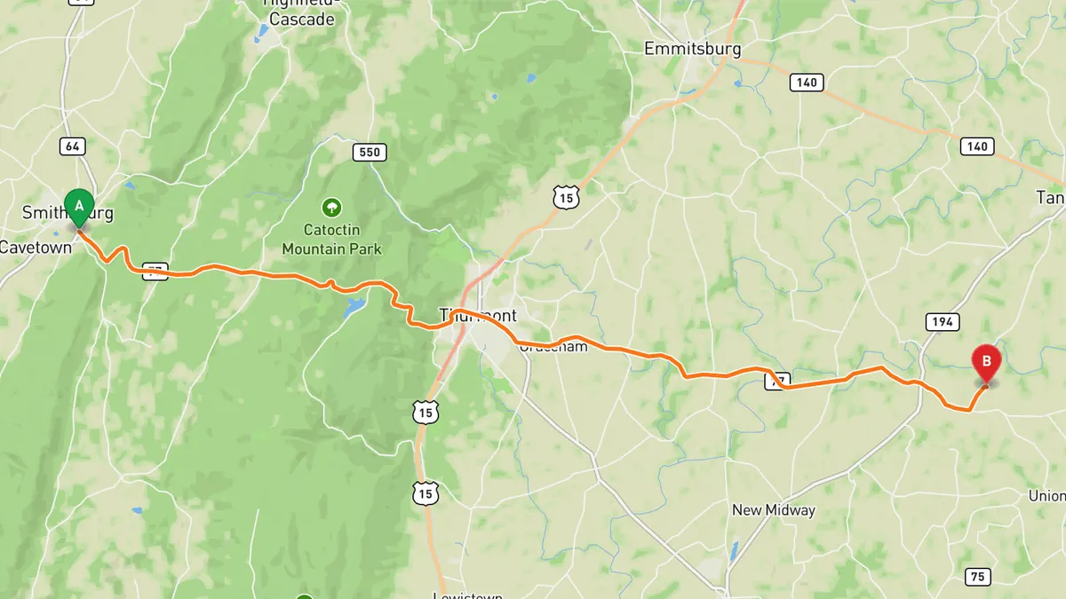 Map of MD 77 over Catoctin Mountain from Smithsburg, MD (MD 64) to Keymar, MD (MD 194), via Foxville and Thurmont