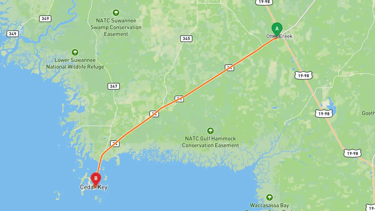 Map of SR 24 to Cedar Key from Otter Creek (US 19) to Cedar Key