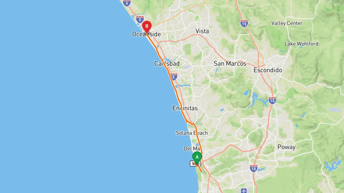 Map of Coast Highway 101, Torrey Pines to Oceanside from Torrey Pines State Beach to Oceanside