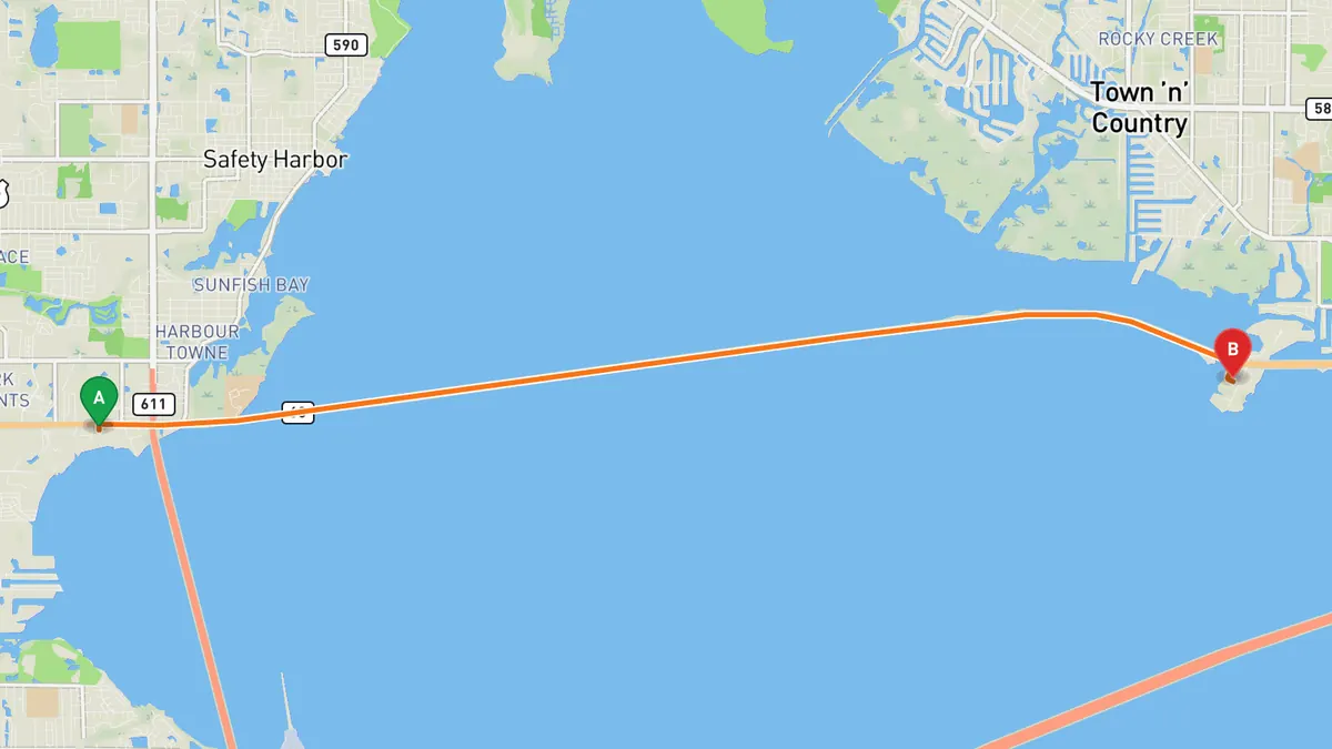 Map of Courtney Campbell Causeway (SR 60) from Clearwater (Gulf to Bay Boulevard) to Rocky Point, Tampa