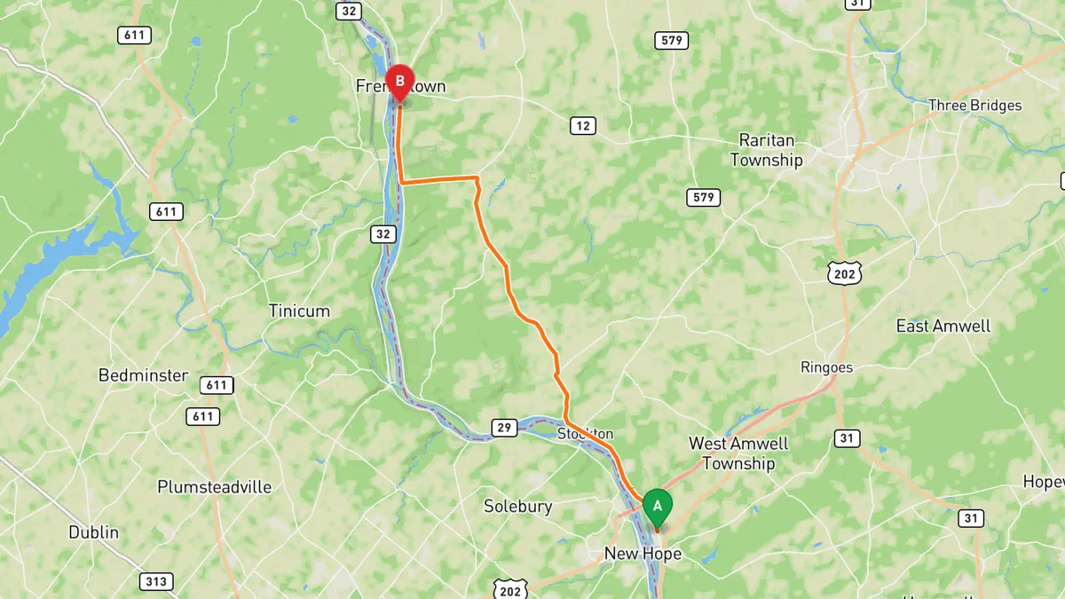Map of Delaware River Scenic Byway (NJ 29) from Lambertville to Frenchtown