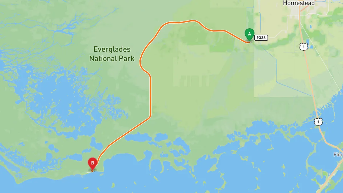 Map of Main Park Road, Everglades National Park from Homestead entrance (Ernest F. Coe Visitor Center) to Flamingo Visitor Center