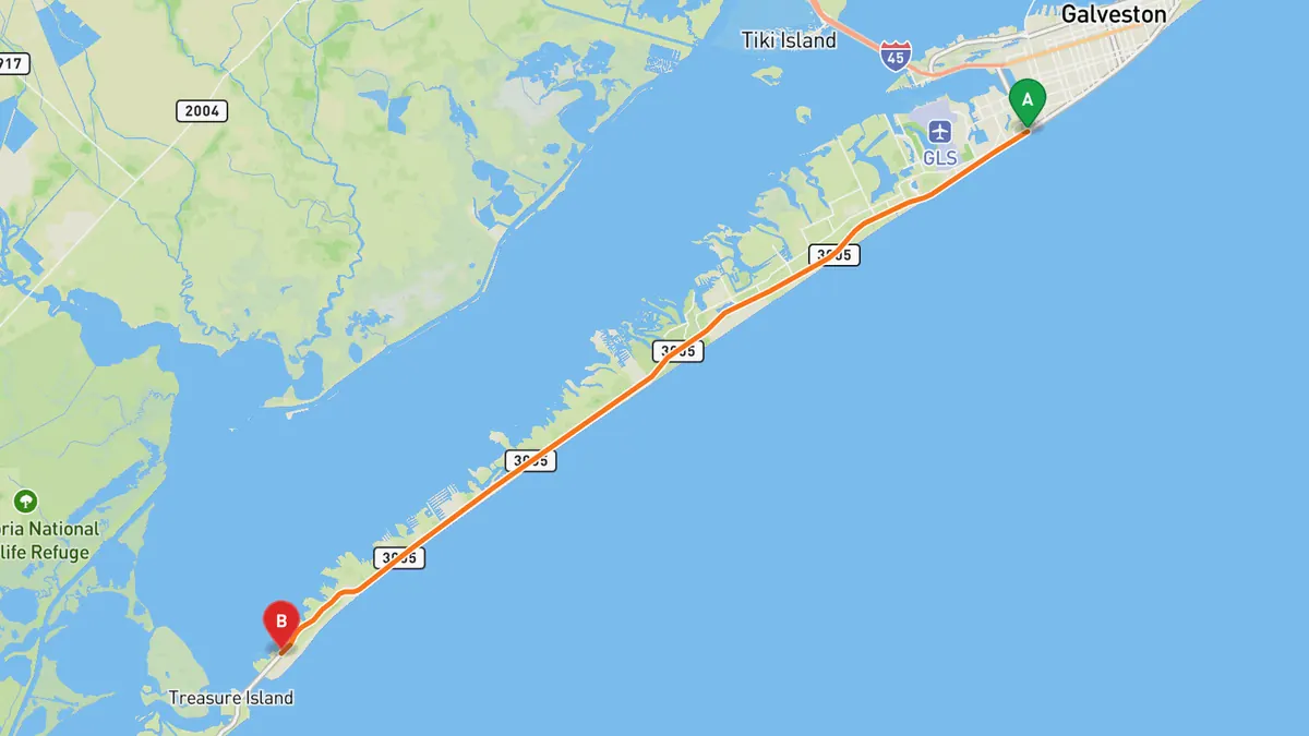 Map of FM 3005 to San Luis Pass, Galveston Island from 61st Street, Galveston (FM 3005 at Spur 342) to San Luis Pass bridge, west tip of Galveston Island