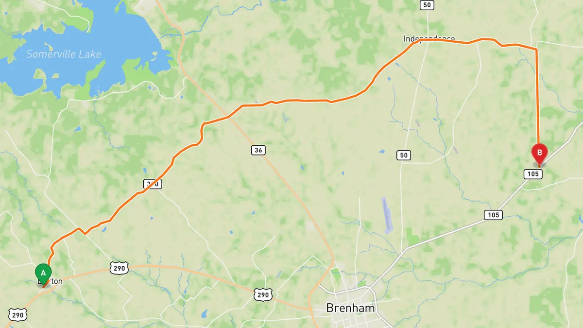 Map of FM 390 through Washington County from Burton, TX (US 290) to SH 105 northeast of Brenham, TX