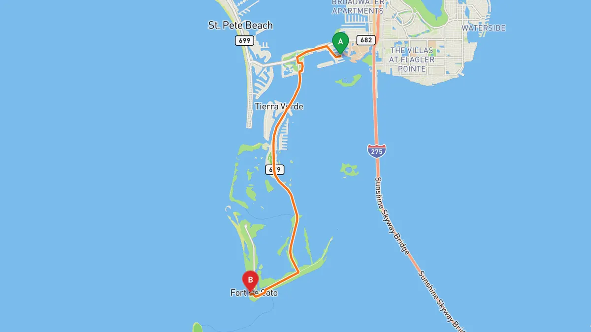 Map of Pinellas Bayway to Fort De Soto Park (SR 682 / SR 679) from St. Petersburg (SR 682 near I-275) to Fort De Soto Park
