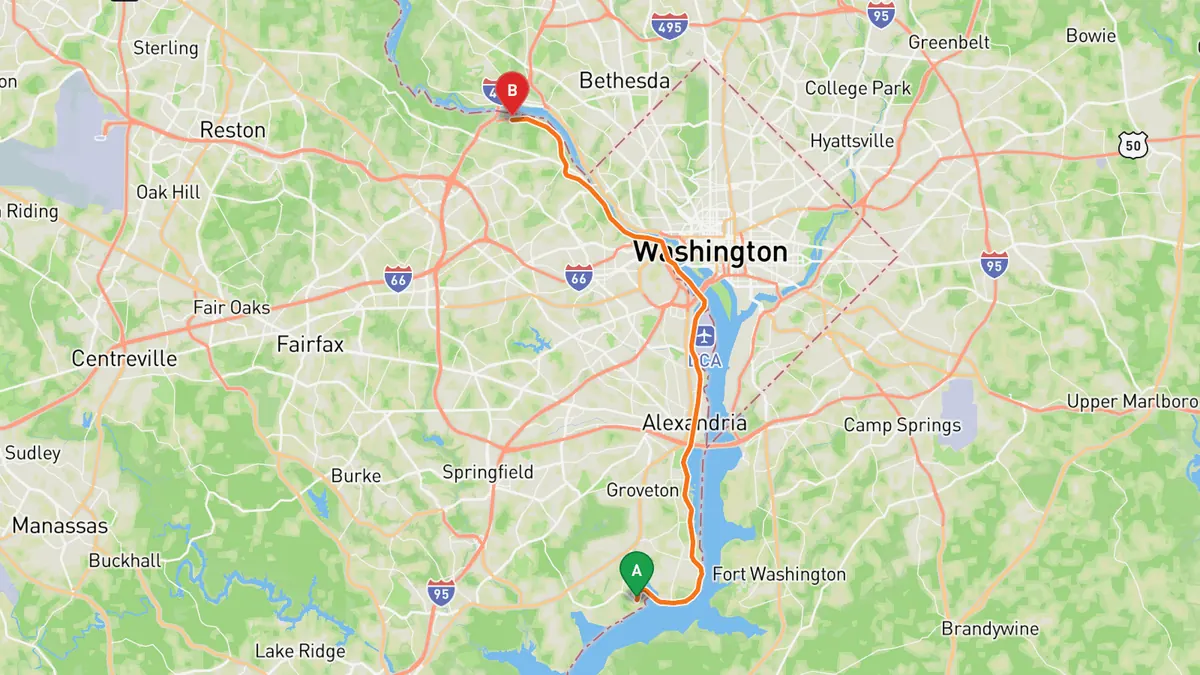 Map of George Washington Memorial Parkway from Mount Vernon, VA (traffic circle at the estate) to Capital Beltway (I-495), McLean, VA