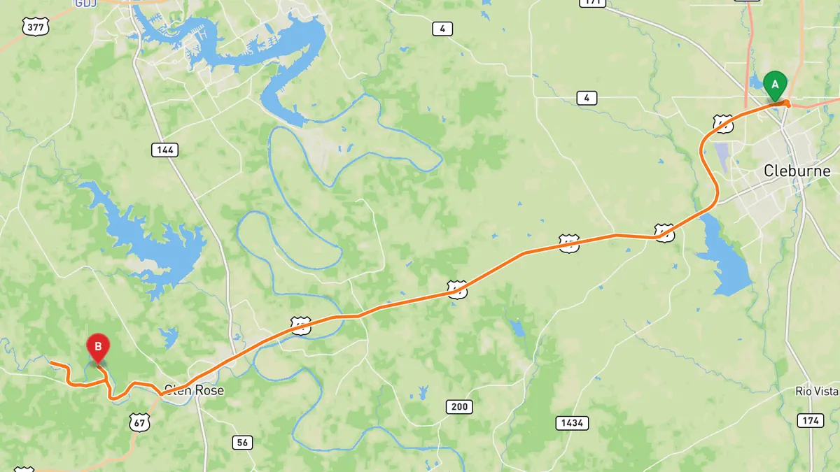 Map of US 67 and FM 205 to Glen Rose and Dinosaur Valley from Cleburne, TX (US 67) to Dinosaur Valley State Park, Park Road 59, Glen Rose, TX