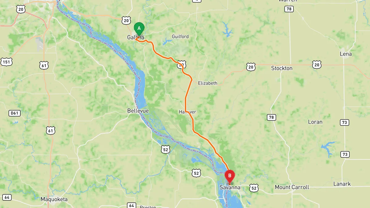 Map of Great River Road (IL 84), Galena to Savanna from Galena, IL to Savanna, IL (past Mississippi Palisades State Park)