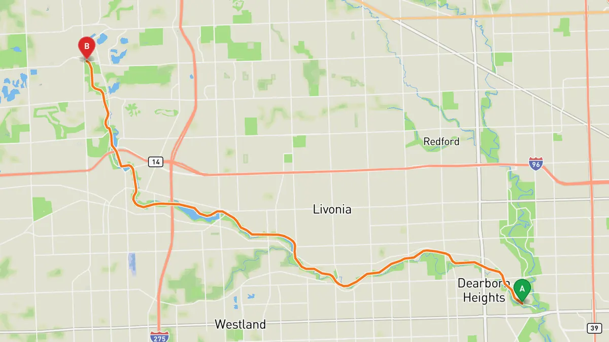 Map of Edward N. Hines Drive from Ford Road, Dearborn to 7 Mile Road, Northville