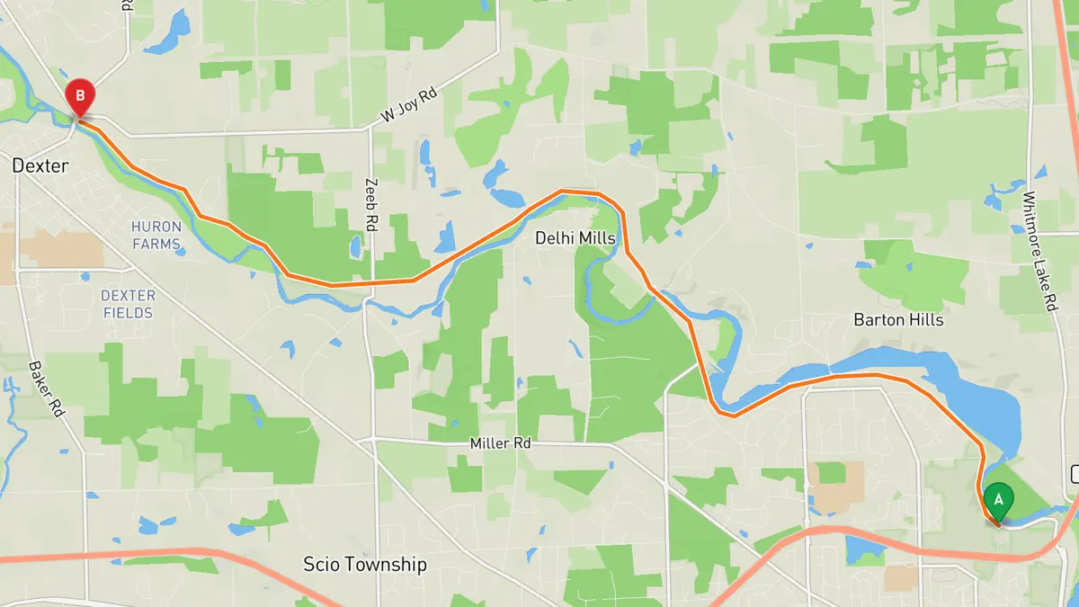 Map of Huron River Drive (Ann Arbor to Dexter) from Ann Arbor (Barton area) to Dexter