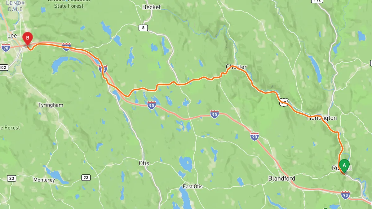 Map of Jacob's Ladder Trail (US 20) from Russell, MA to Lee, MA