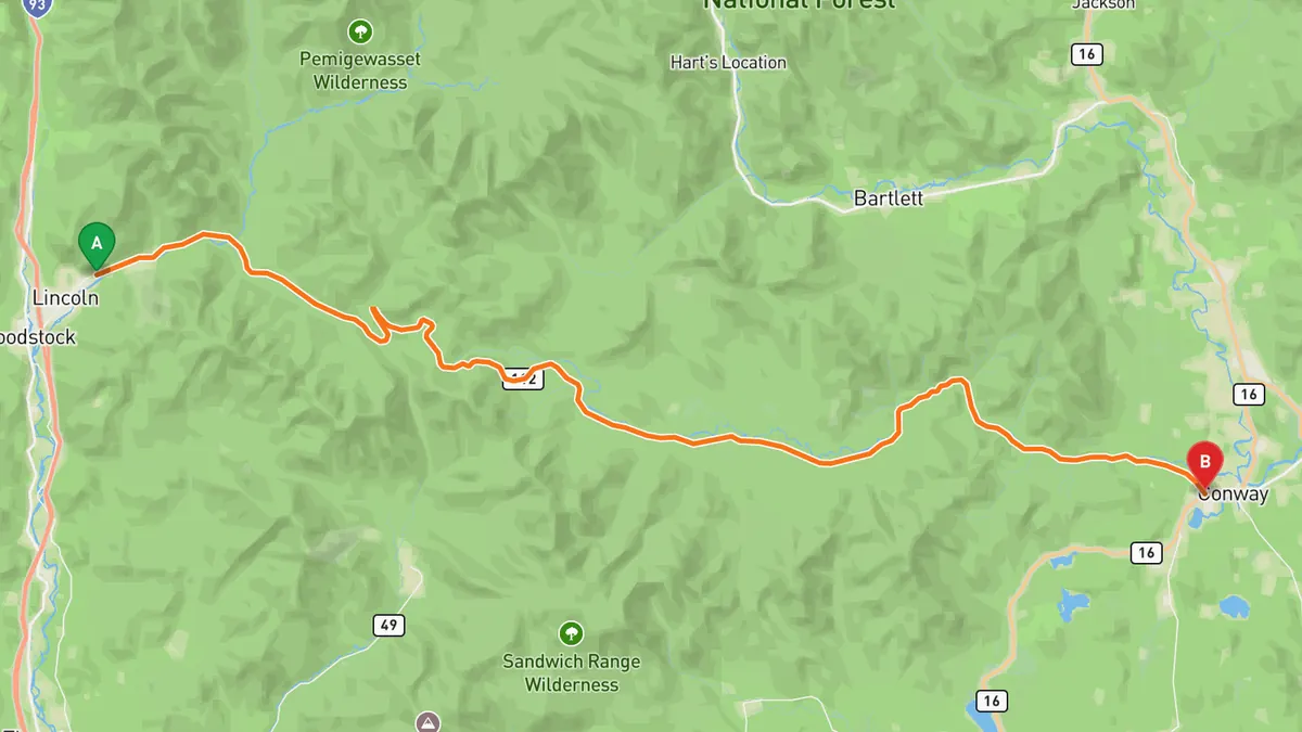 Map of Kancamagus Highway (NH 112) from Lincoln, NH to Conway, NH