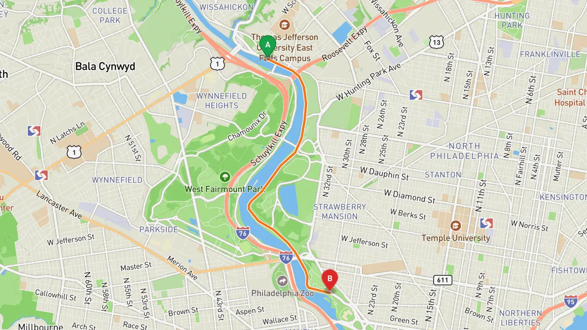 Map of Kelly Drive from East Falls to Fairmount Water Works, below the Philadelphia Museum of Art