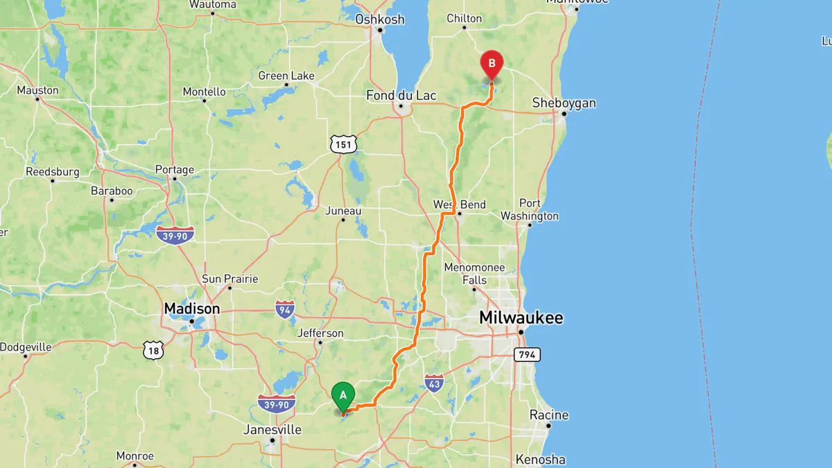 Map of Kettle Moraine Scenic Drive from Whitewater Lake area, near Whitewater, WI (south end) to Near Elkhart Lake, WI (County P at County J, north end)