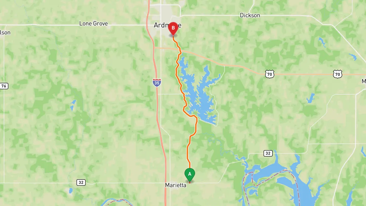 Map of SH 77S (Scenic Highway 77) at Lake Murray State Park from SH 32 east of Marietta, OK to Ardmore, OK (Lake Murray Drive)