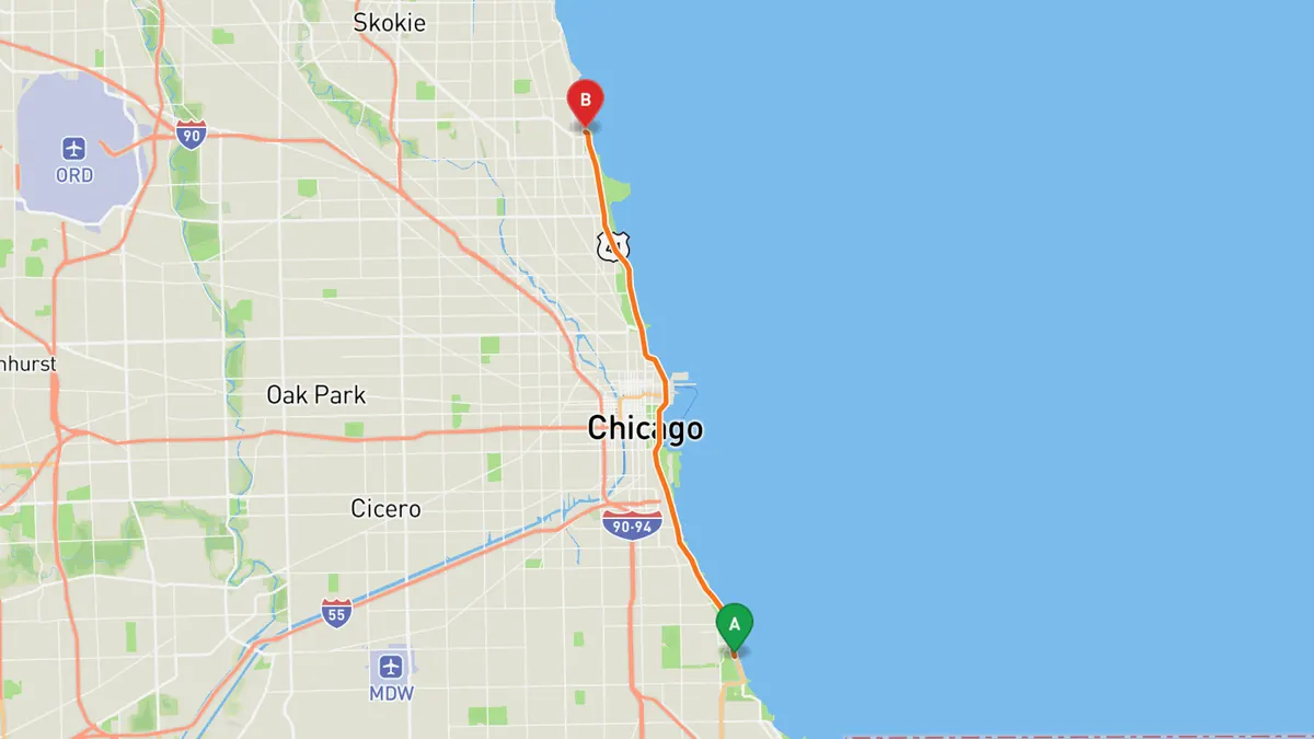 Map of Lake Shore Drive from Jackson Park, Chicago (south end of the expressway section) to Hollywood Avenue, Edgewater, Chicago