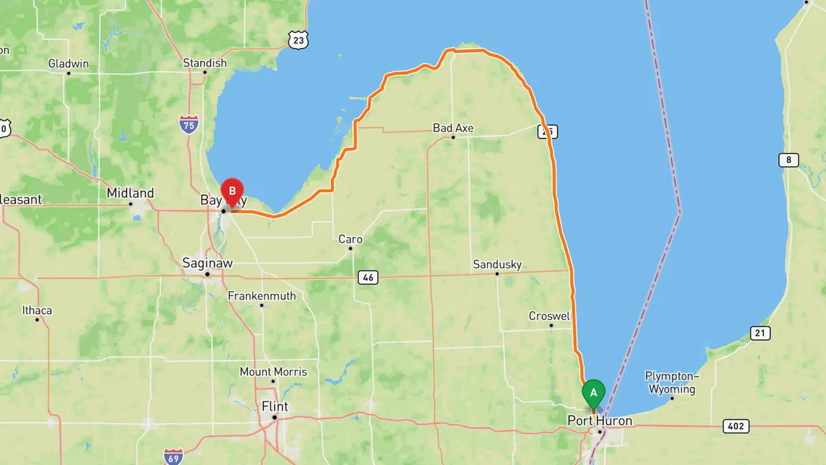 Map of M-25 Thumb Coast from Port Huron to Bay City