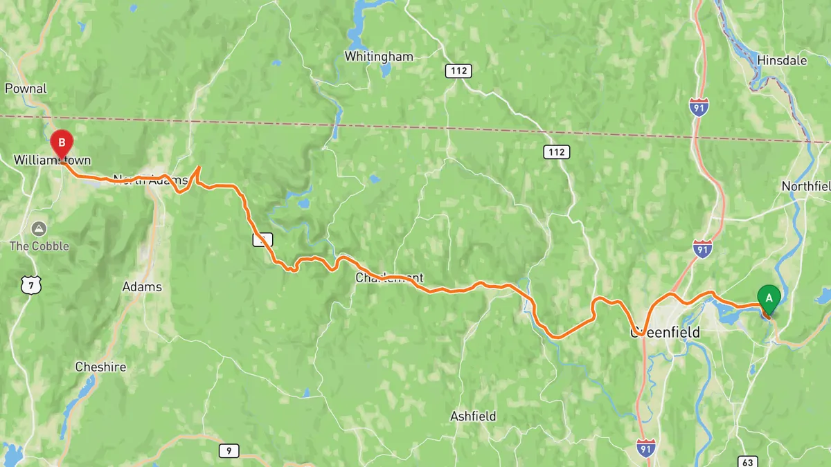 Map of Mohawk Trail (MA 2) from French King Bridge, Erving to Williamstown