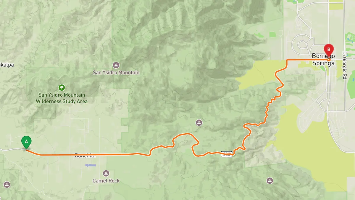 Map of Montezuma Valley Road (S22) to Borrego Springs from Ranchita to Christmas Circle, Borrego Springs