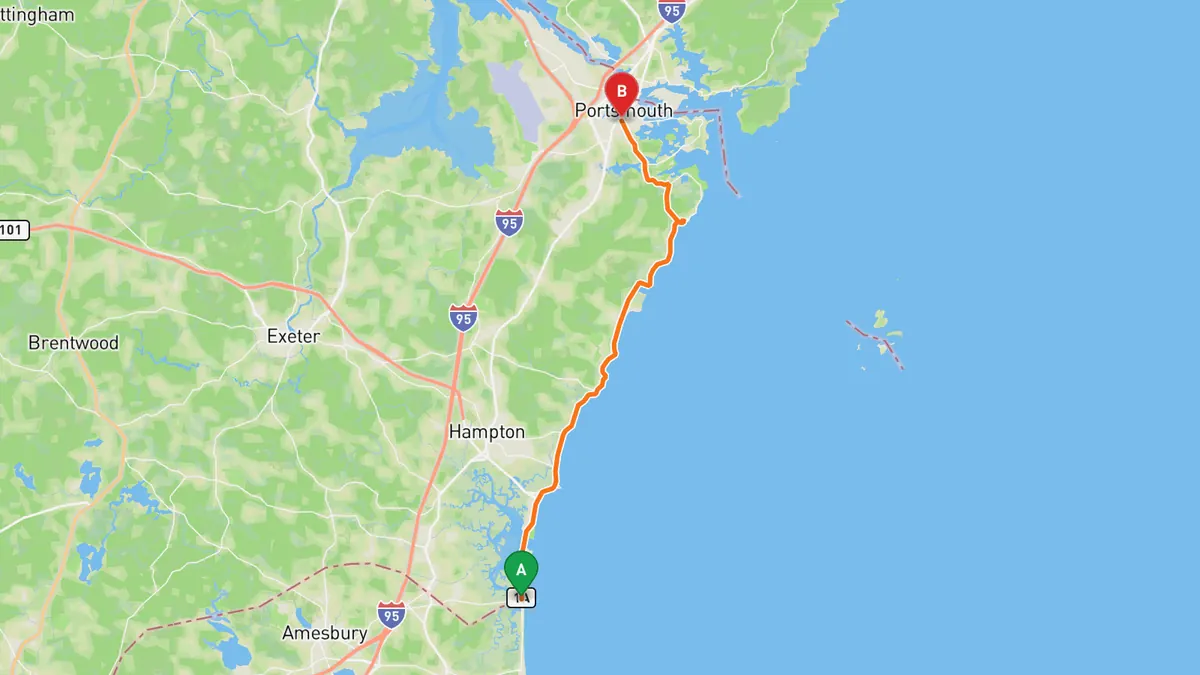 Map of NH 1A Seacoast (Ocean Boulevard) from Seabrook, NH (Massachusetts line) to Portsmouth, NH