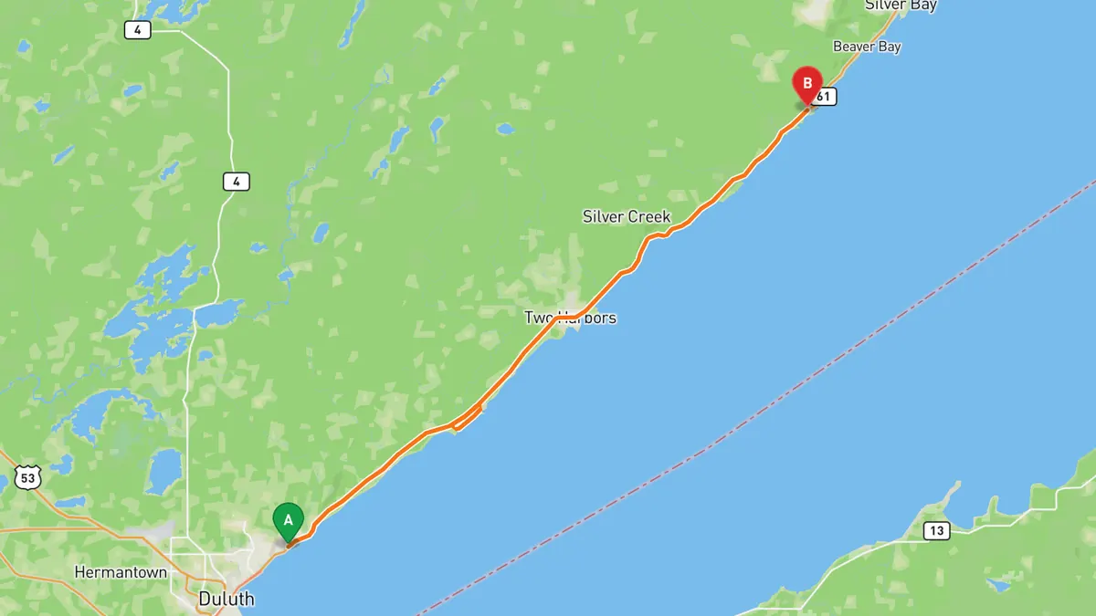 Map of North Shore Scenic Drive, Duluth to Split Rock from Duluth, MN to Split Rock Lighthouse State Park