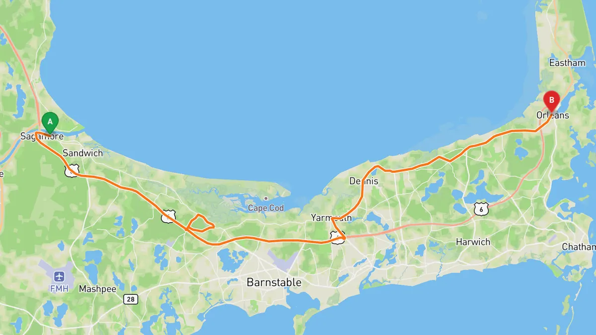 Map of Old King's Highway (MA 6A) from Sagamore Bridge, Bourne to Orleans Rotary