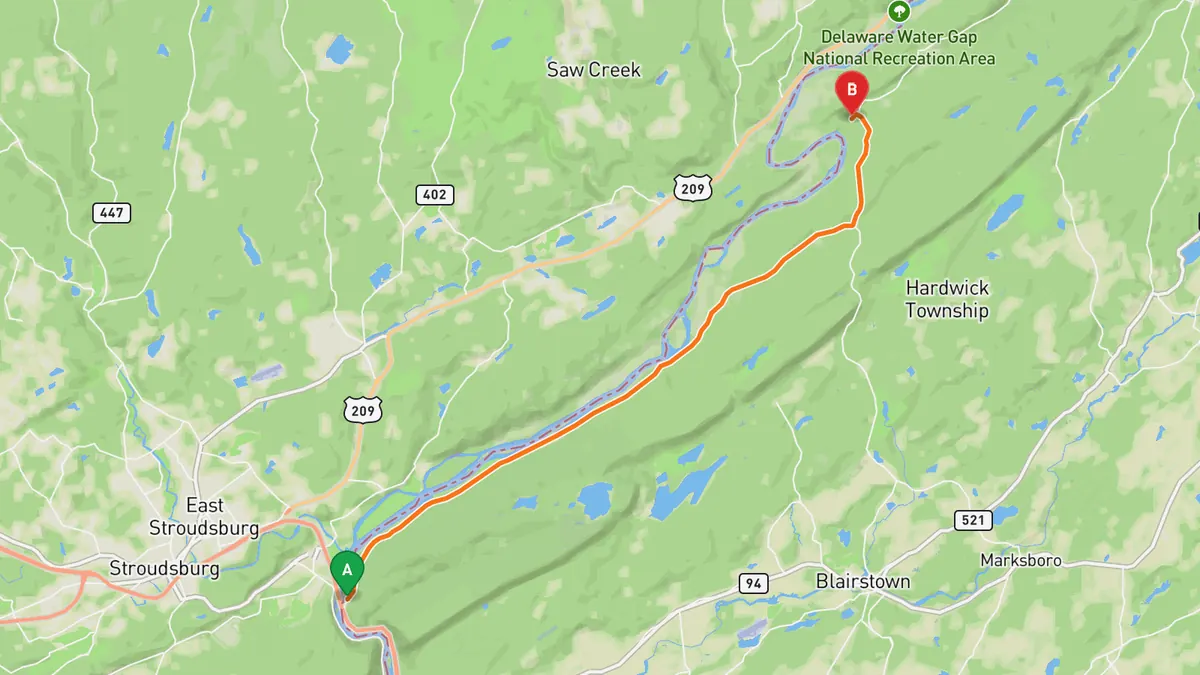 Map of Old Mine Road from I-80 at the Delaware Water Gap (Kittatinny Point) to Flatbrookville, Walpack Township