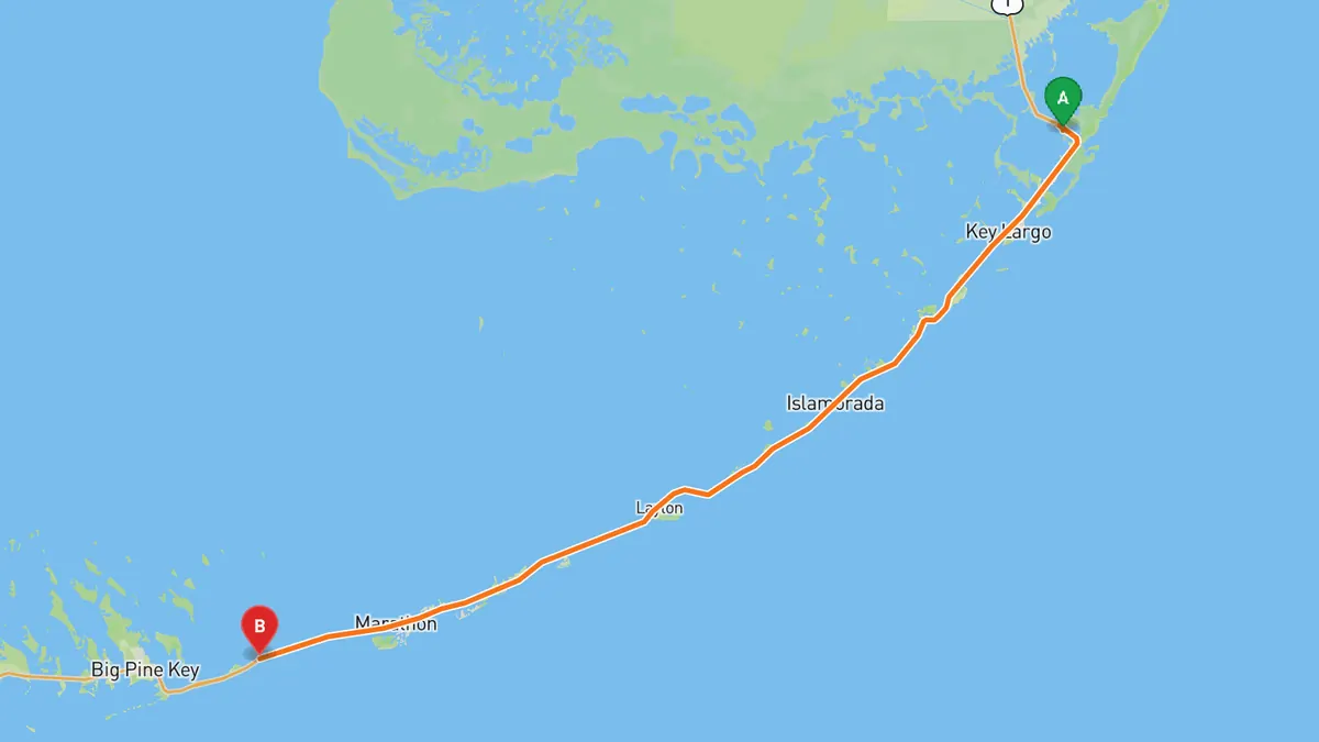 Map of Overseas Highway (US 1), Key Largo to the Seven Mile Bridge from Key Largo (US 1 at Jewfish Creek) to Little Duck Key (south end of the Seven Mile Bridge)