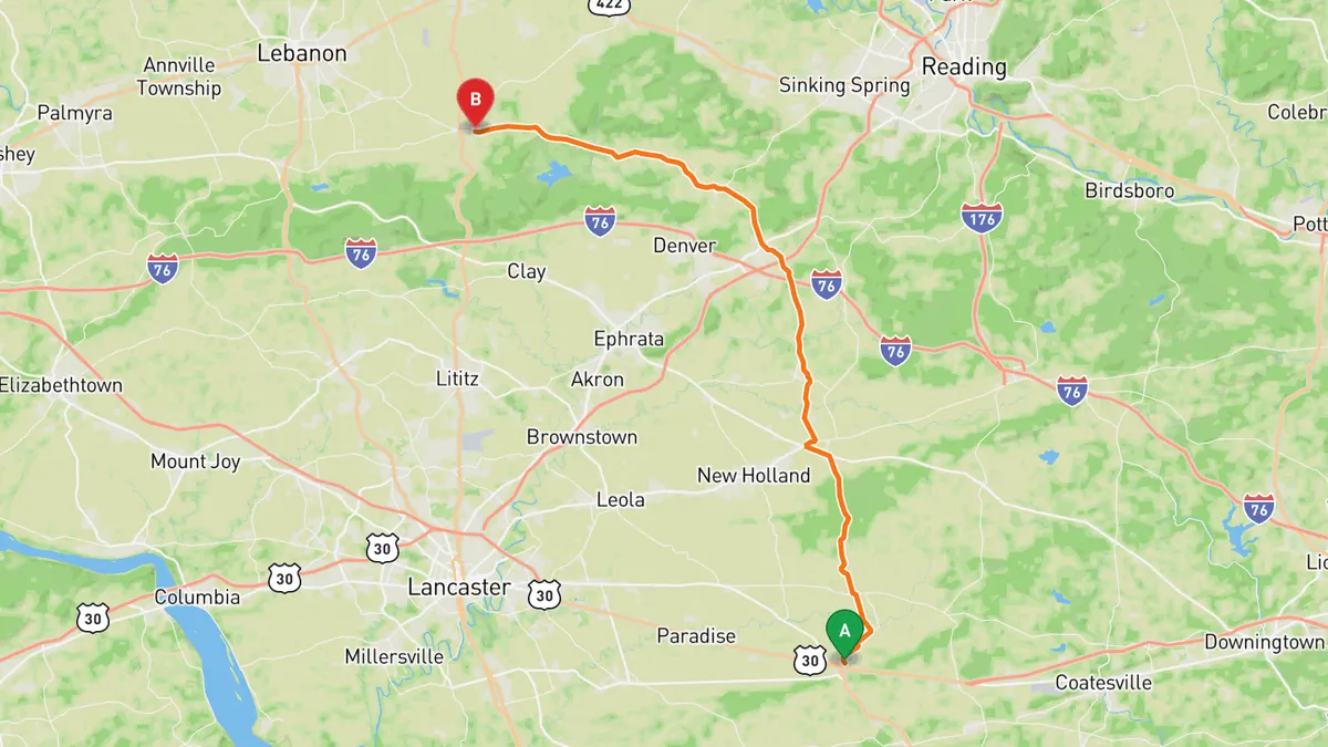 Map of PA 897 through Lancaster County from Gap (US 30) to Schaefferstown, Lebanon County