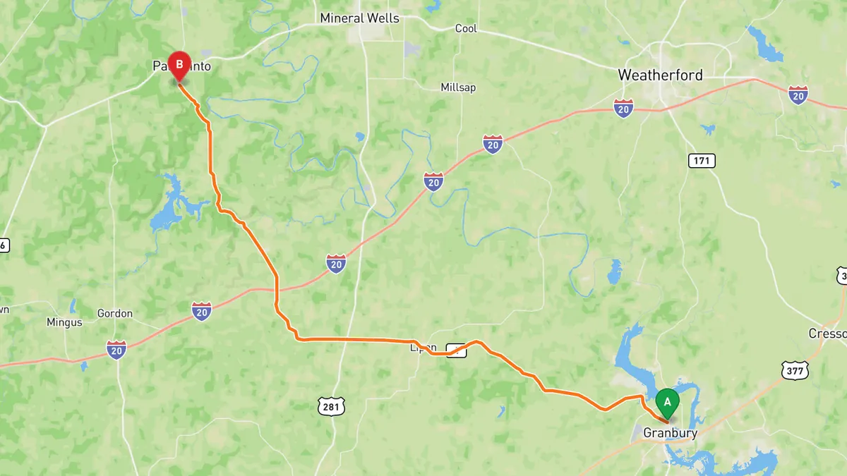 Map of FM 4 through the Palo Pinto Mountains from Granbury, TX (FM 4 at US 377) to Palo Pinto, TX (FM 4 at US 180)
