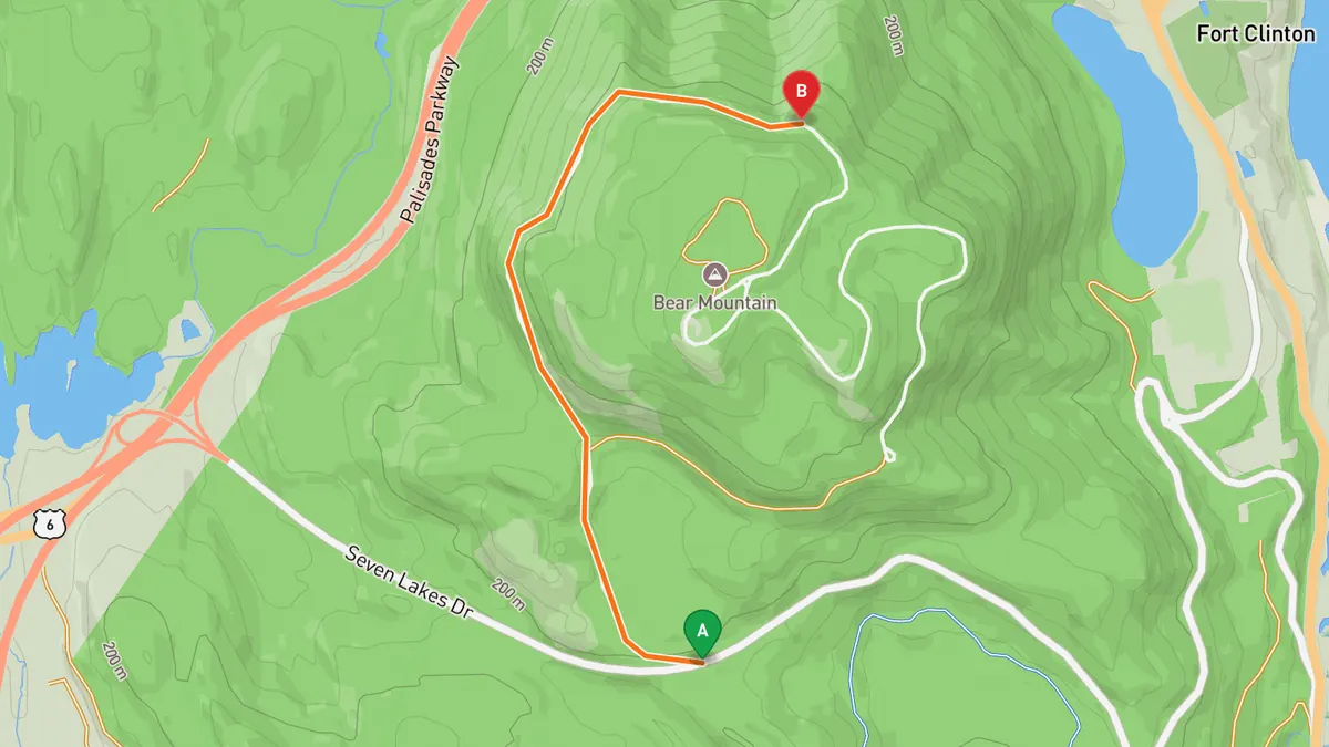 Map of Perkins Memorial Drive from Seven Lakes Drive, Bear Mountain State Park to Perkins Memorial Tower at the summit
