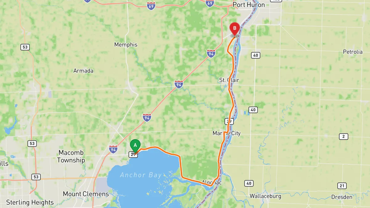 Map of M-29 River Road (St. Clair River) from New Baltimore to Marysville