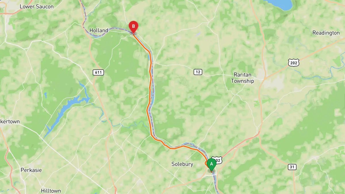 Map of River Road (PA 32) from New Hope to Upper Black Eddy