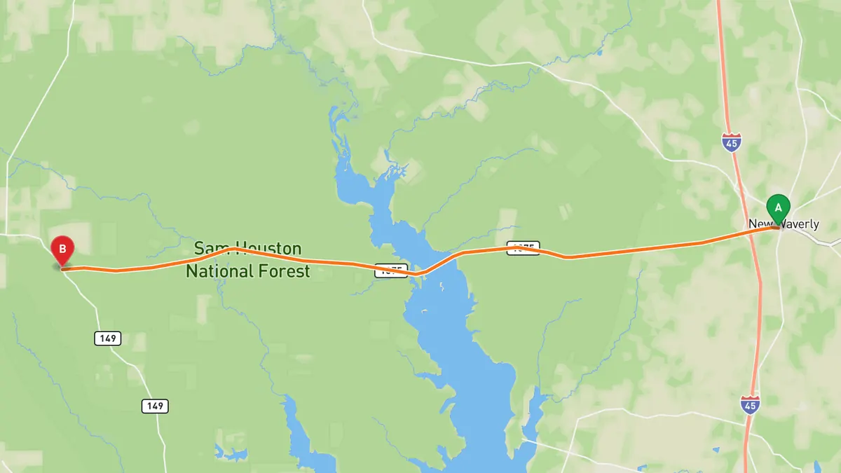 Map of FM 1375 through Sam Houston National Forest from New Waverly, TX (FM 1375 at I-45) to FM 149 west of Lake Conroe