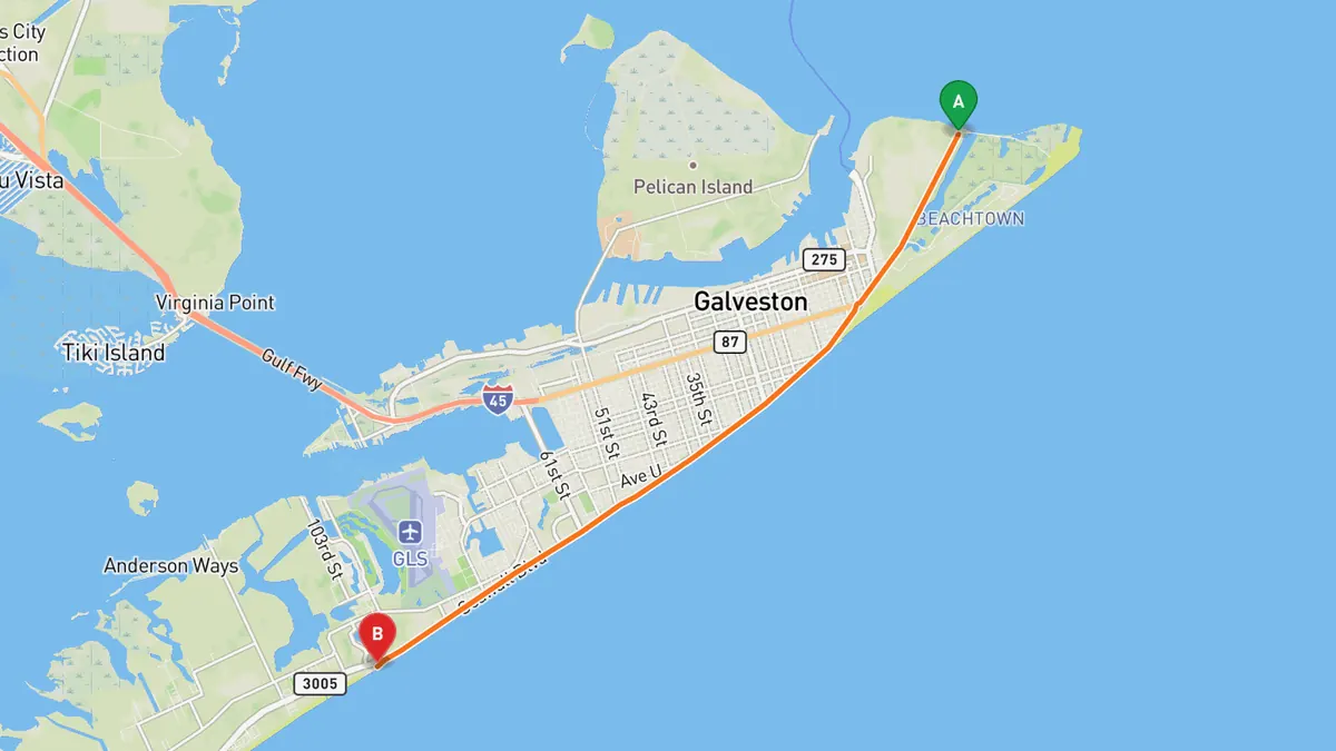 Map of Seawall Boulevard, Galveston from Seawall Boulevard east end near SH 87, Galveston to Seawall Boulevard west end near 103rd Street, Galveston