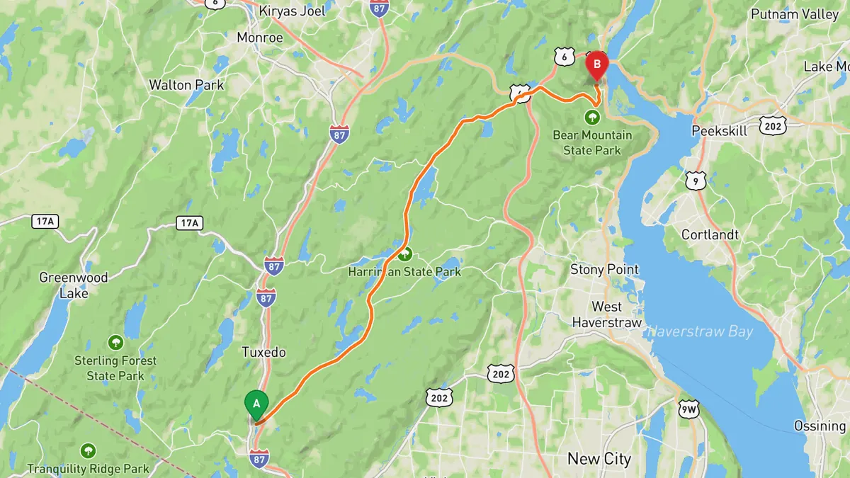 Map of Seven Lakes Drive from Sloatsburg (NY 17) to US 9W / US 202 at Bear Mountain Circle