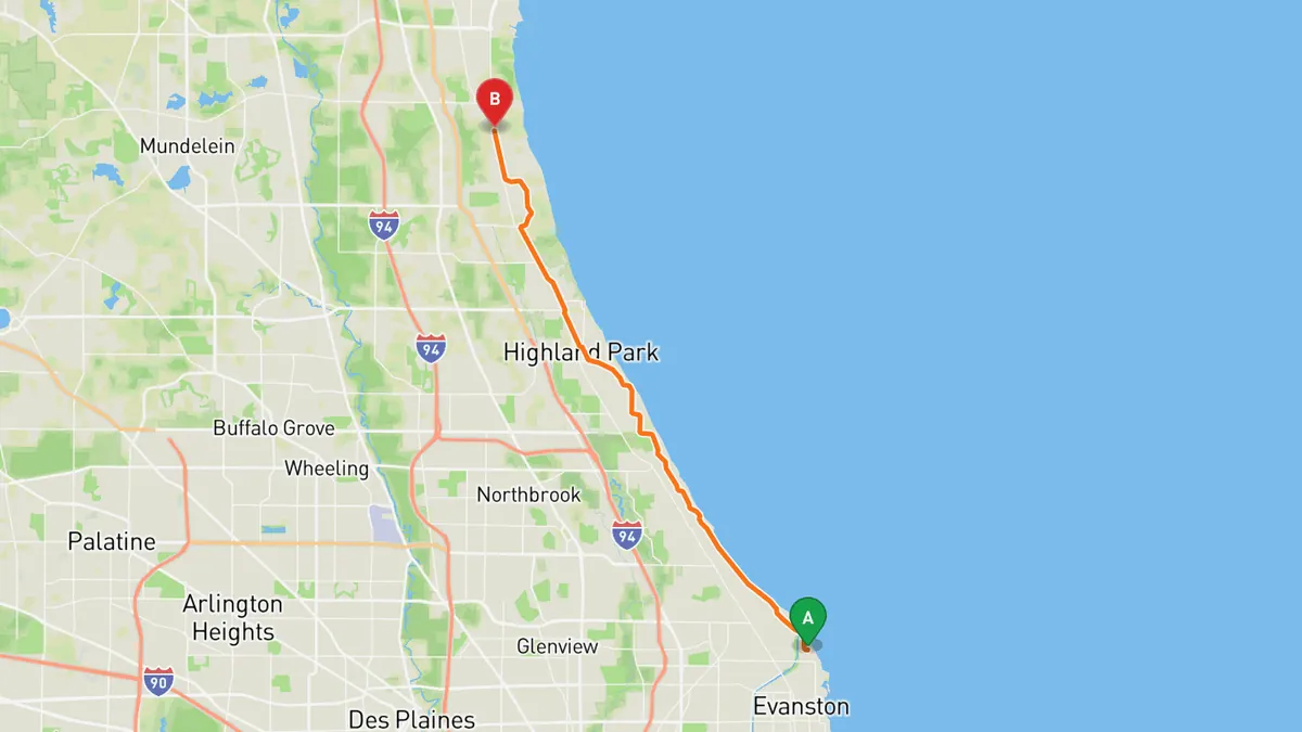 Map of Sheridan Road (North Shore) from Evanston, IL (north Evanston near Grosse Point Lighthouse) to Lake Bluff, IL
