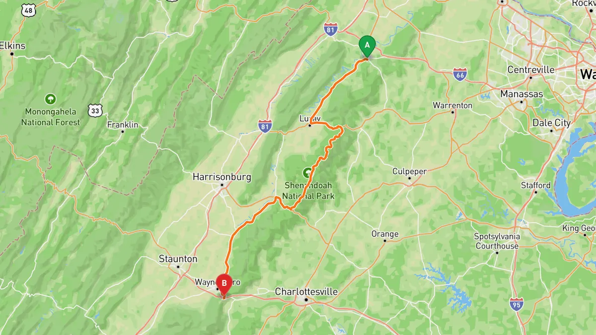 Map of Skyline Drive from Front Royal, VA (mile 0) to Rockfish Gap, VA (mile 105, joins the Blue Ridge Parkway)