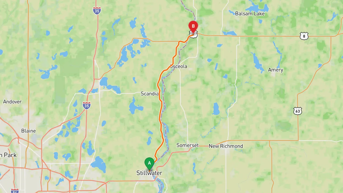 Map of St. Croix Scenic Byway (MN 95), Stillwater to Taylors Falls from Stillwater, MN to Taylors Falls, MN