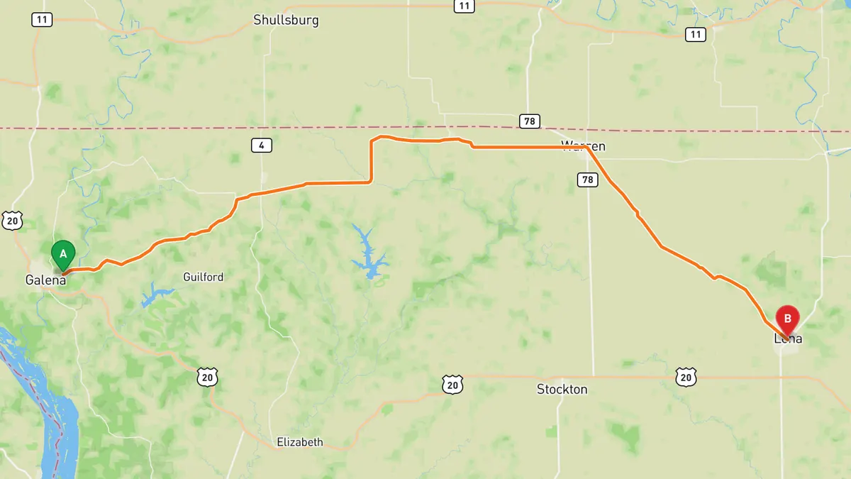 Map of Stagecoach Trail from Galena, IL to Lena, IL (via Scales Mound, Apple River and Warren)
