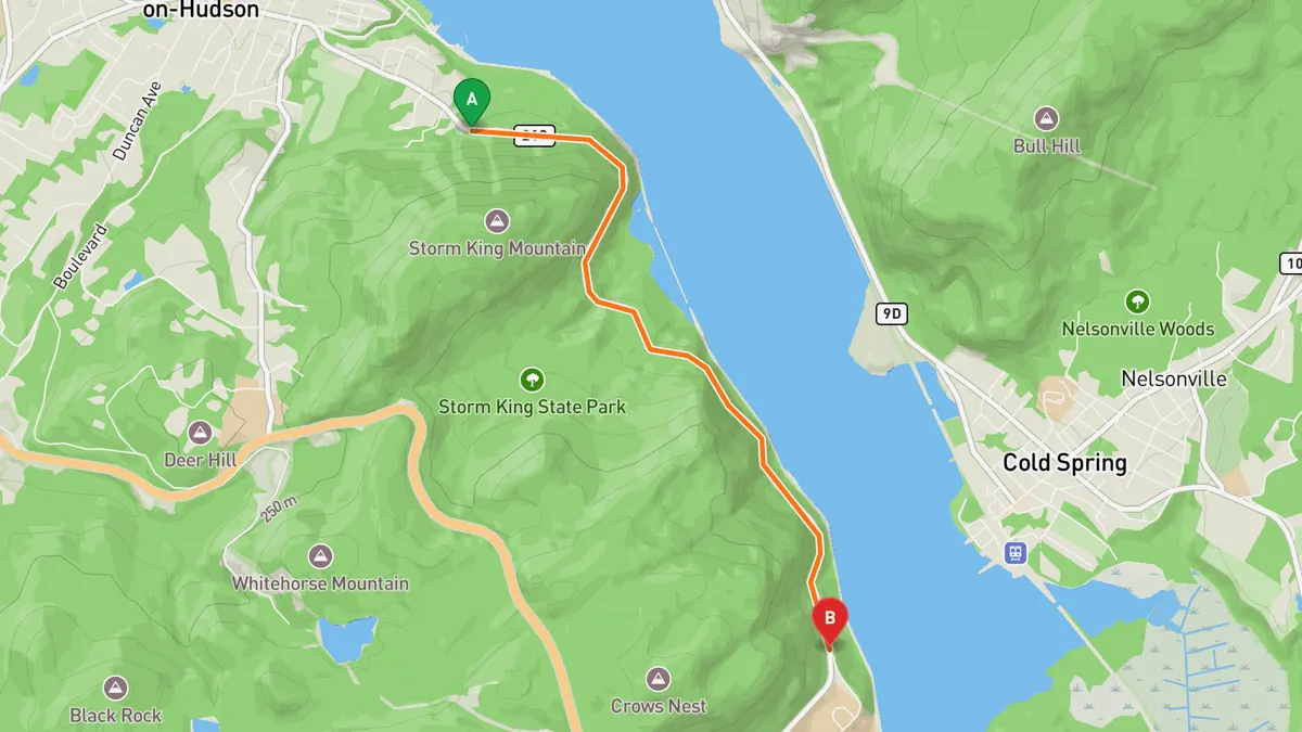 Map of Storm King Highway (NY 218) from Cornwall-on-Hudson (north end of the Storm King Highway) to South end near West Point, where NY 218 heads to Highland Falls