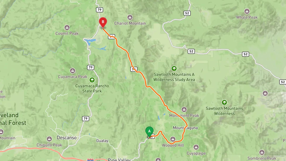 Map of Sunrise Highway (County Route S1) from Interstate 8 near Laguna Junction to State Route 79 near Lake Cuyamaca