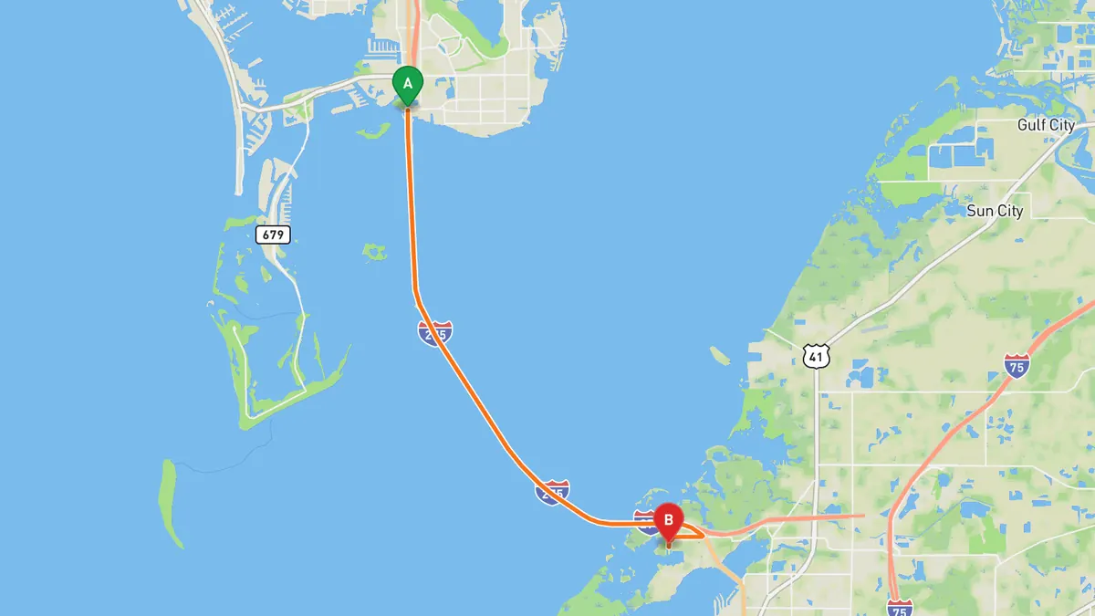Map of Sunshine Skyway Bridge (I-275) from St. Petersburg (I-275 near Pinellas Point) to Terra Ceia, Manatee County