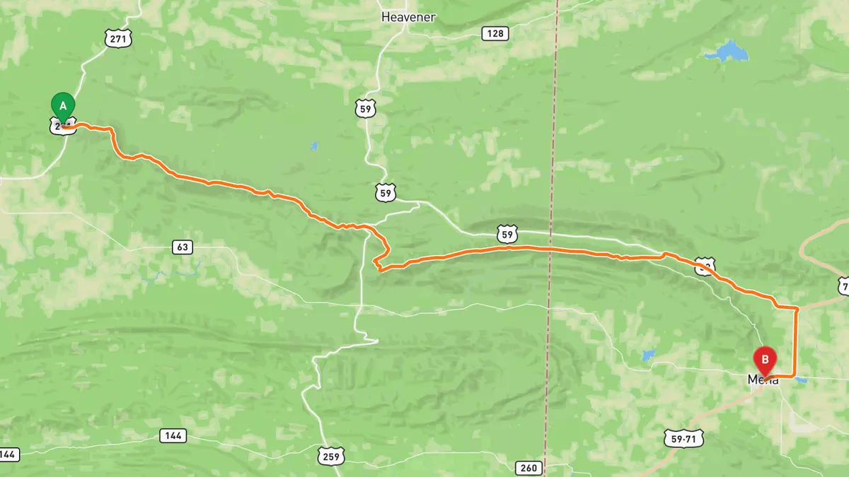 Map of Talimena National Scenic Byway from Talihina, OK (OK 1 at US 271) to Mena, AR (AR 88)